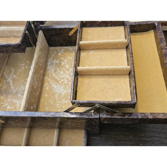 Vtg Jewelry Box Tri Fold Velvet Lined Gold Brown Marble Vinyl Mid Century - Picture 11 of 16